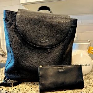 Large Kate Spade Black LEATHER backpack with laptop safety pouch.